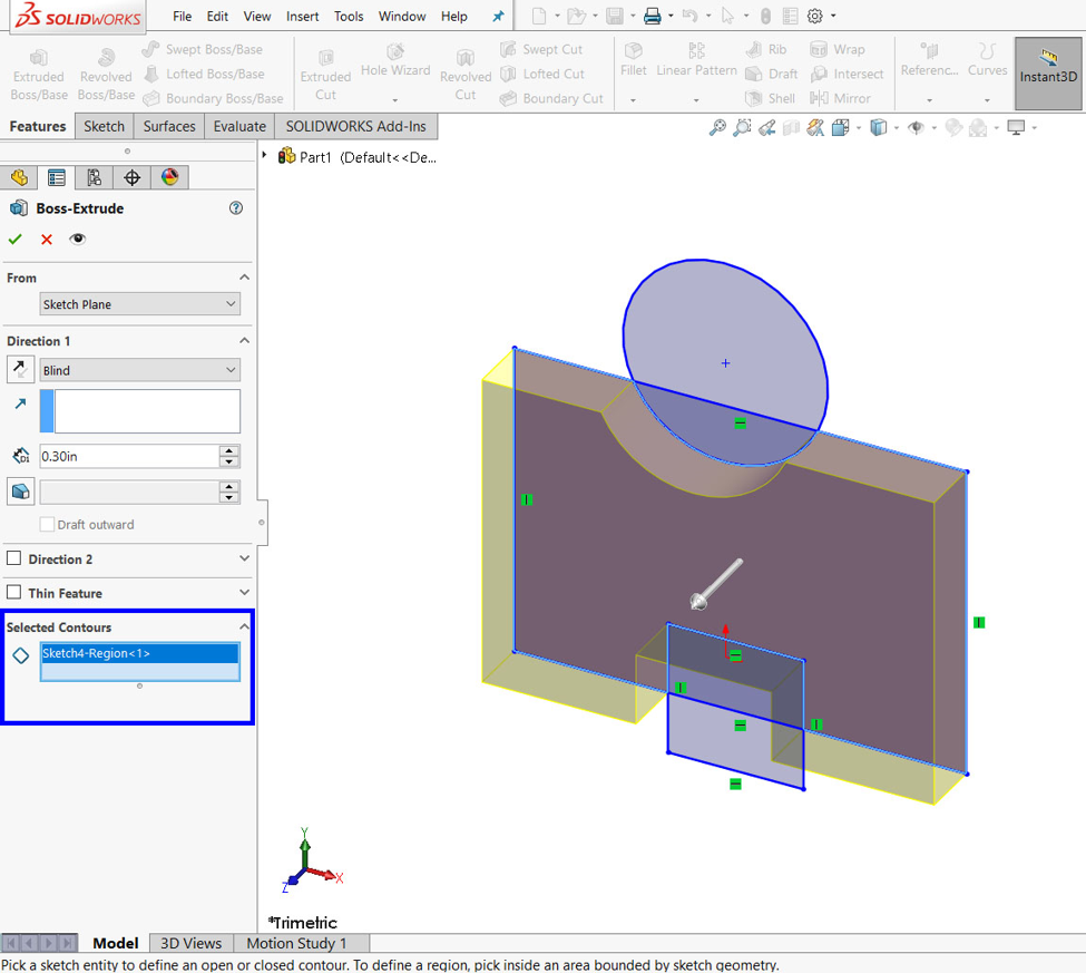 انتخاب کانتور اسکچ توسط دستور selected contour box در solidworks 2020